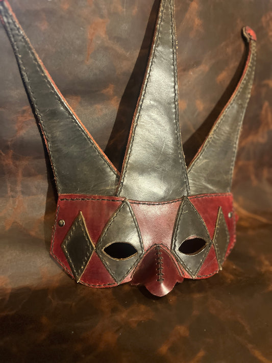 Handcrafted Leather Jester Mask - Red and Black Adjustable Mask for Cosplay, LARP, or Display