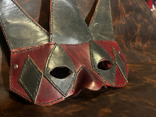 Handcrafted Leather Jester Mask - Red and Black Adjustable Mask for Cosplay, LARP, or Display